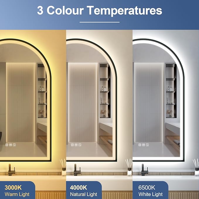 STARLEAD 36"x24" Black Frameless Arched LED Bathroom Mirror with Bluetooth Speaker, Dimmable Lighting, 3 Color Temperature, Anti-Fog, Touch Control Wall Mounted Vanity Mirror