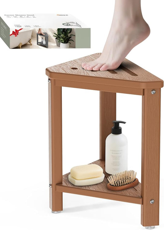Teak Shower Foot Rest 15in, HDPE Waterproof Shower Stool for Inside Shower, Corner Shower Stool for Shaving Legs with Storage Shelf for Small Space, Shower Step Stool, Plastic Corner Shower Bench
