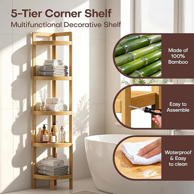 2026 New Bamboo Standing Shelf, 5 Tier Corner Shelf Stand, Free-Standing Shelf Units, Triangular Curved Corner Shelf Stand for Space-Saaving Display Ideal for Bathroom/Kitchen/Living Room Storage