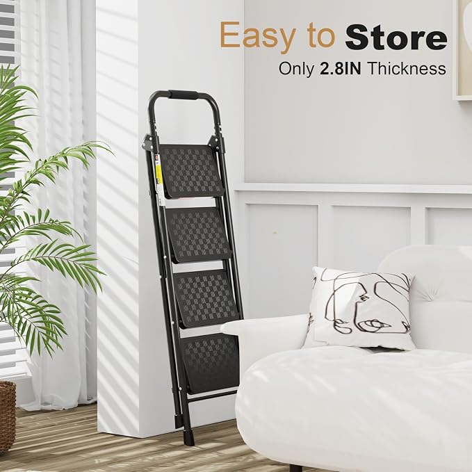 HBTower 4 Step Ladder with Wide Anti-Slip Pedal and Cushioned Handle | Step Stool Foldable with 330 lbs Capacity for Home and Kitchen, Black