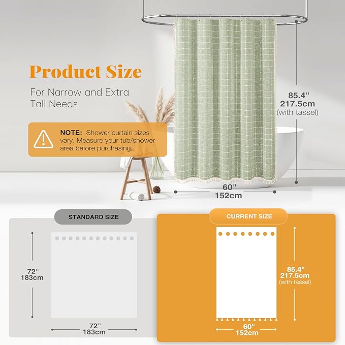 60x84 Boho Farmhouse Linen Heavy Duty Shower Curtain Set, Sage Green | Narrow Long Size, 330GSM Linen Blend, 3-side Tassels, Water Repellent Fabric, 10 Hooks, Rustic Bohemian, Machine Washable