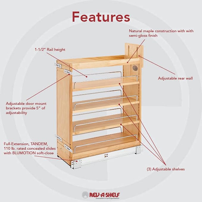 Rev-A-Shelf Maple Pullout Organizer w/Blum Soft-Close for Base Cabinets, Full Extension Slides & Adjustable Shelves, Min Opening Width of 8.5", 448-BCSC-8C
