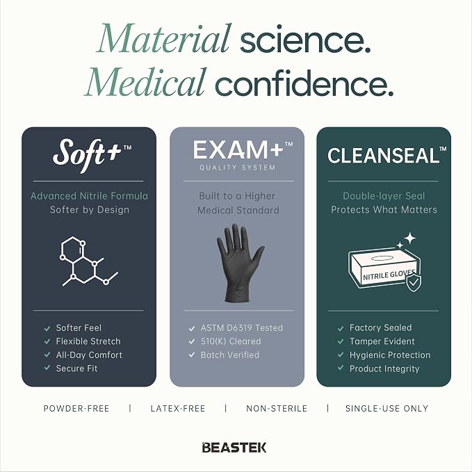 Black Nitrile Exam Gloves, 4 Mil, Powder-Free Food Prep Disposable | Soft+ • Powder-Free • Latex-Free • Medical • Examination • Cooking • Cleaning • Food Prep • Tattoo • Black • 100 Ct & 1000 Ct