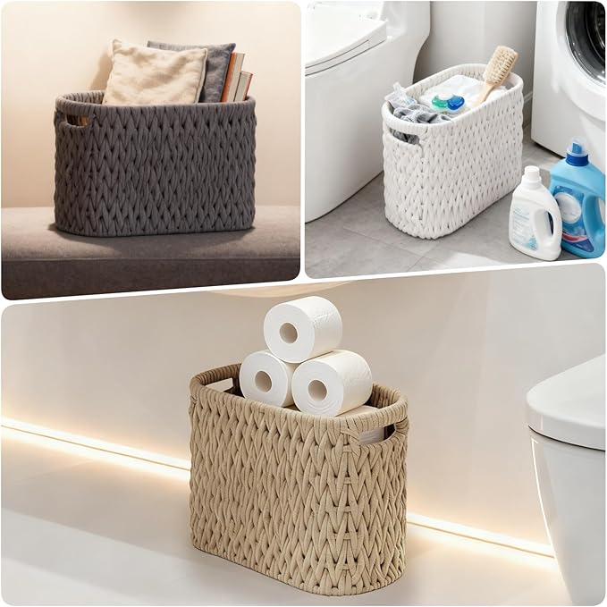 Boho Toilet Paper Storage Baskets, Cotton Rope Woven Bathroom Basket Set of 2, Standing Toilet Paper Holder for 6 Mega Rolls,Storage Bins for Toilet Tank Top, Bathroom Organizer Decor (White 2 Pack)