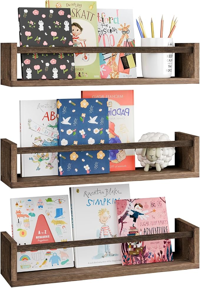 Fixwal Floating Nursery Book Shelves for Wall, 16.5in, Set of 3, Brown | Solid wood shelves store kids' books, toys and clothing. Fits kids' room, playroom, nursery, living room, bedroom & bathroom.