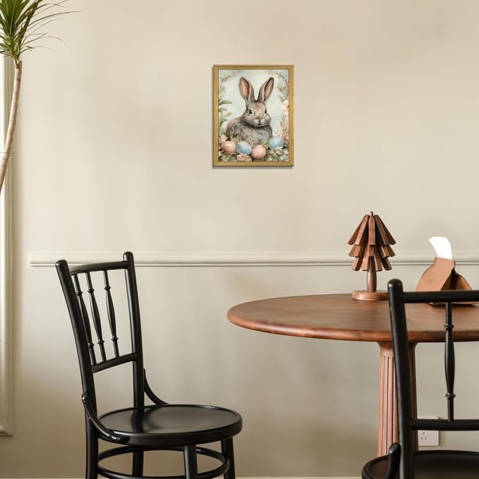 Easter Bunny Wall Art, Vintage Rabbit Canvas Wall Decor, Easter Eggs Poster Print Picture, Spring Farmhouse Animal Painting for Living Room Bedroom Kitchen Holiday Home Decor 8x10 Inch Wood Framed