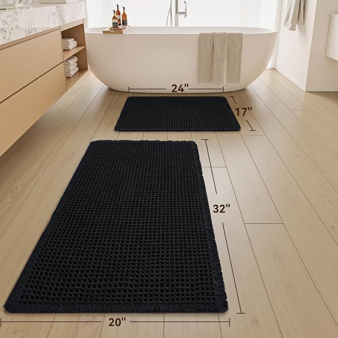 Upgraded Waffle Bath Mat Set of 2 Super Absorbent Non Slip Bath Mats for Bathroom Floor, Washable Boho Bathroom Rugs Set 2 Pieces with Tassels, Soft Bathroom Mat Set, Black, 17" x 24" Plus 20" x 32"