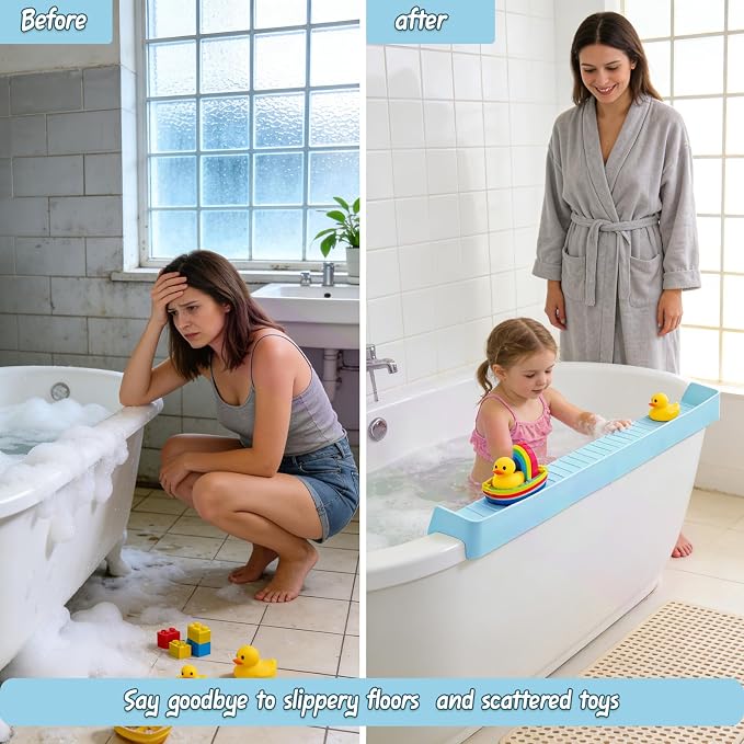 Kids Bathtub Splash Guard, Shelf & Toddler Bath Toy Tray -Blue | Bathtub Splash Guard PlayPad Shelf Area with Strong Suction Cups, Bathtub Ledge Guard, Fun Bath Time for Toddlers Baby