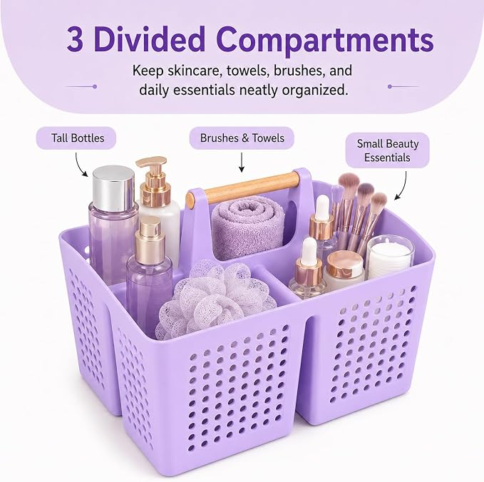 Portable Shower Caddy Basket with 3 Compartments and Handle, Purple | Plastic Divided Beauty Caddy Organizer for Hair Care, Cosmetics, Toiletries, Craft Supplies, Dorms and Vanities