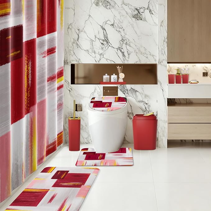 XLHOMO Bathroom Set - Burgundy Bathroom Accessories Set, Bathroom Sets with Shower Curtain and Rugs, Burgundy Shower Curtain Set with Bathroom Trash Can, Soap Dispenser, Soap Dish for Home Decor