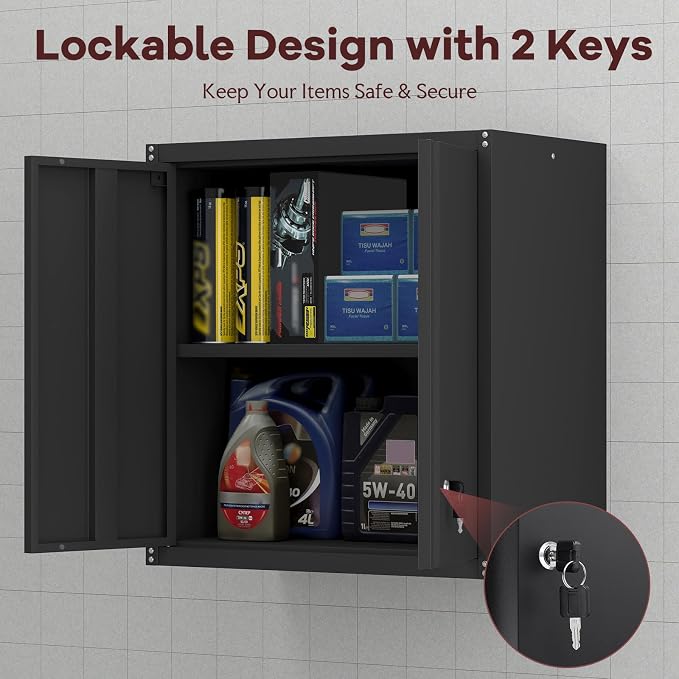 Steel Wall Cabinet, Metal Locking Wall Cabinet, Hanging Metal Cabinet for Garage Tool Storage, Wall Mount Tool Cabinet for Garage, Laundry Room, Office, Black