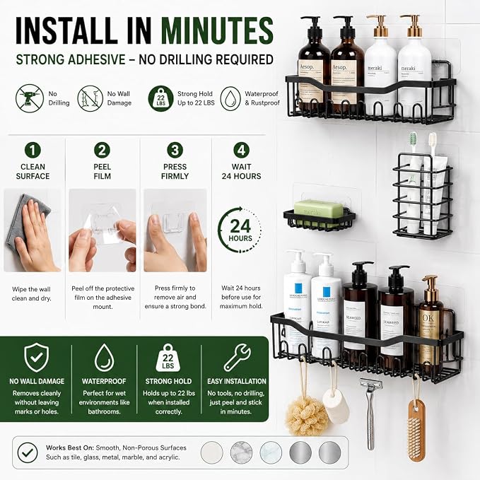 Bathroom Organizer Set (5 Pack) No Drill Adhesive Shower Caddy, Heavy-Duty Wall Shelves for Small Bathrooms, Rustproof Black, Renter-Frendly Storage.