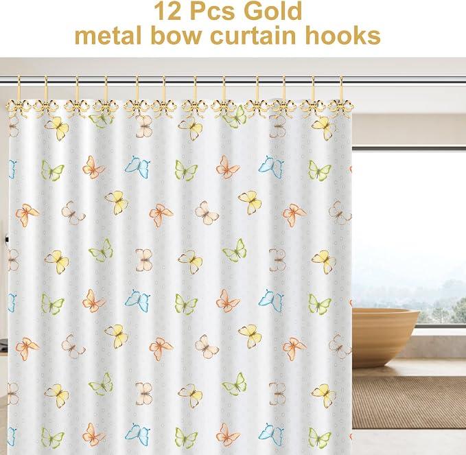Bow Shower Curtain Hooks, 12-Pack Gold Metal Decorative Bow Knot Rings | Rust-resistant metal rings with gold bow knot accents add decorative charm to bathrooms, guest baths