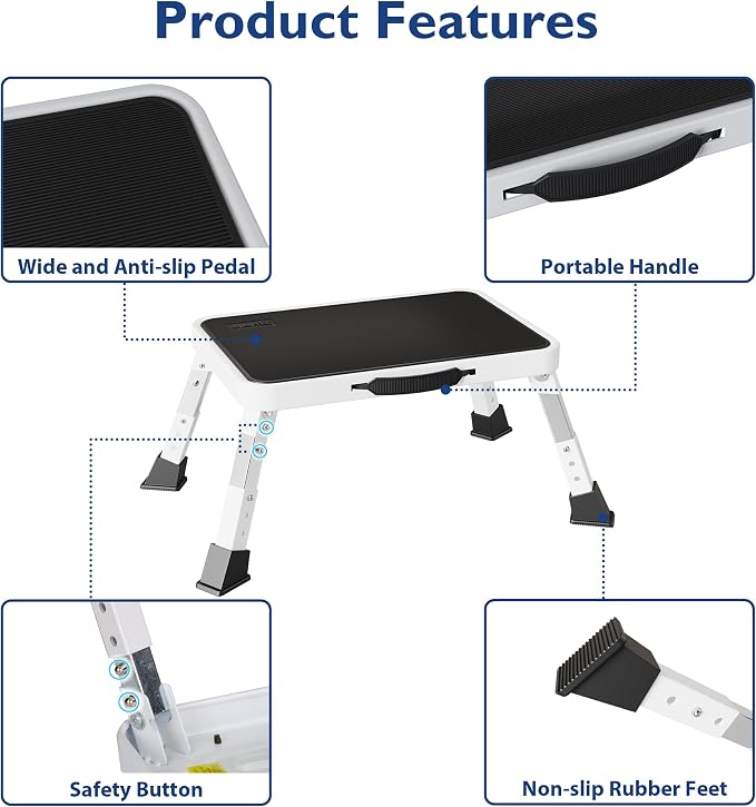 BONTEC Folding Step Stool, 3-Level Adjustable Metal Step Stool, 330lbs | Heavy Duty Folding Foot Stool with Anti-Slip Pedal and Locking Legs, Portable Stepping Stool for Kids, Kitchen, Home, White