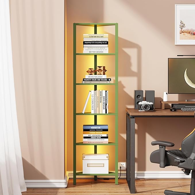 TUTOTAK Corner Shelf with LED Light, 6-Tier Corner Bookshelf | for Small Space, Narrow Display Corner Shelf Stand with Storage Rack, for Living Room, Bedroom, Olive Green BS05BOG006L