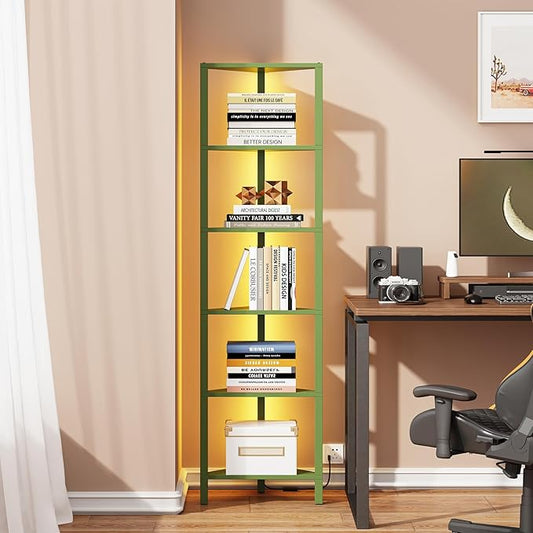 TUTOTAK Corner Shelf with LED Light, 6-Tier Corner Bookshelf | for Small Space, Narrow Display Corner Shelf Stand with Storage Rack, for Living Room, Bedroom, Olive Green BS05BOG006L