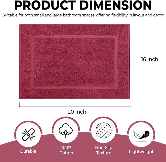 KAHAF COLLECTION Bath Mat Floor Towel Set - Absorbent Cotton Hotel Spa Shower/Bathtub Mats [Not a Bathroom Rug] (Burgandy, 2 Pack (16"x24"))