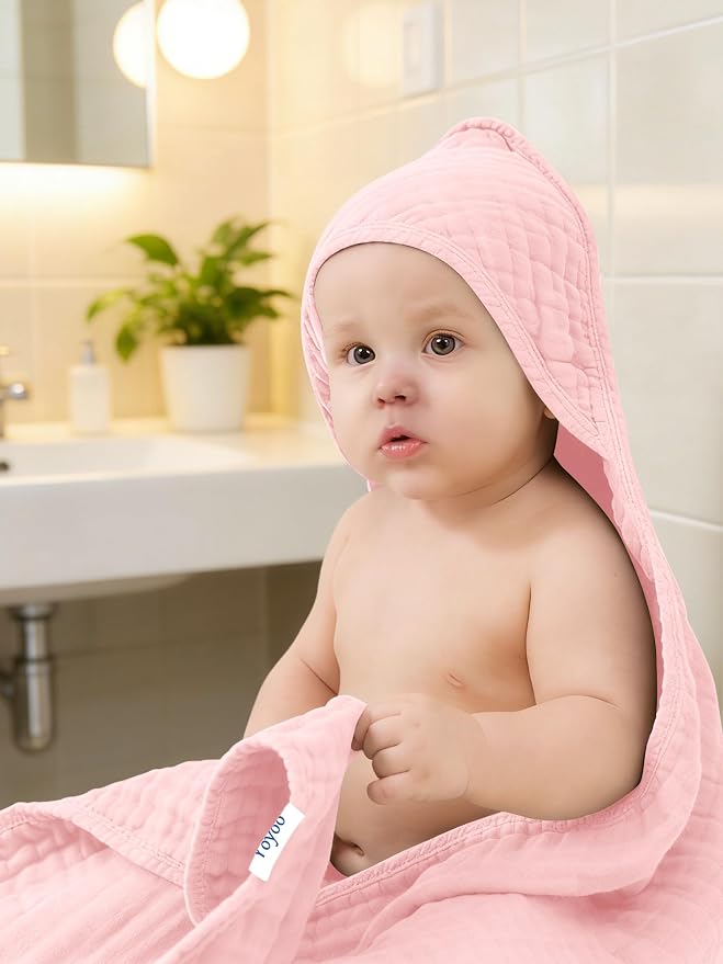 Muslin Hooded Baby Bath Towels - 3 Pack 100% Cotton Ultra-Soft Towels for Newborns, Infants, Toddlers - 32x32 Inch - Highly Absorbent, Quick-Dry Essentials for Bath Time, Beach, Pool, Sakura Series