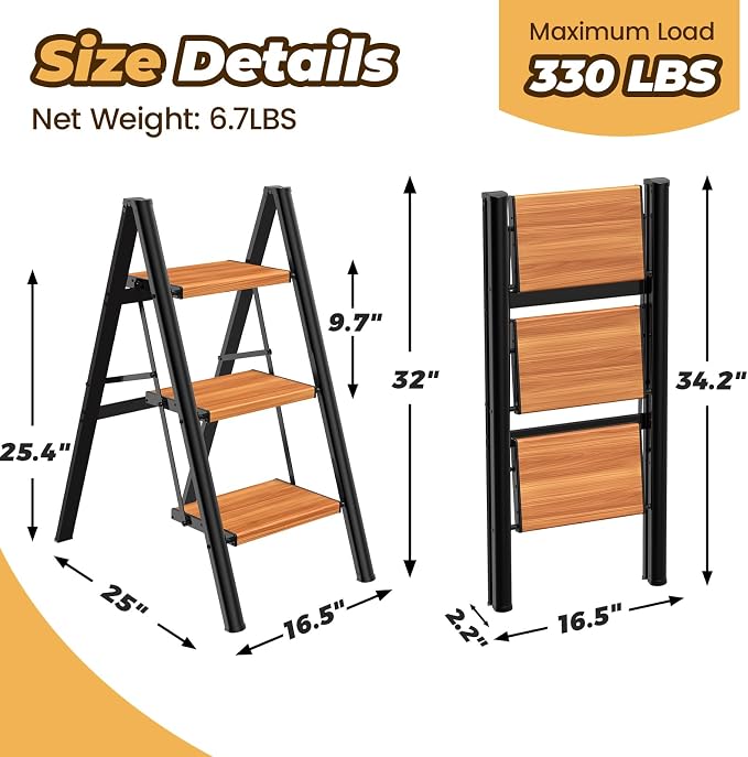 HBTower 3 Step Ladder, Lightweight Aluminum Folding Step Stool | Anti-Slip Wide Pedal, 330lbs Capacity Step Ladder for Household Kitchen Office, BlackWoodgrain