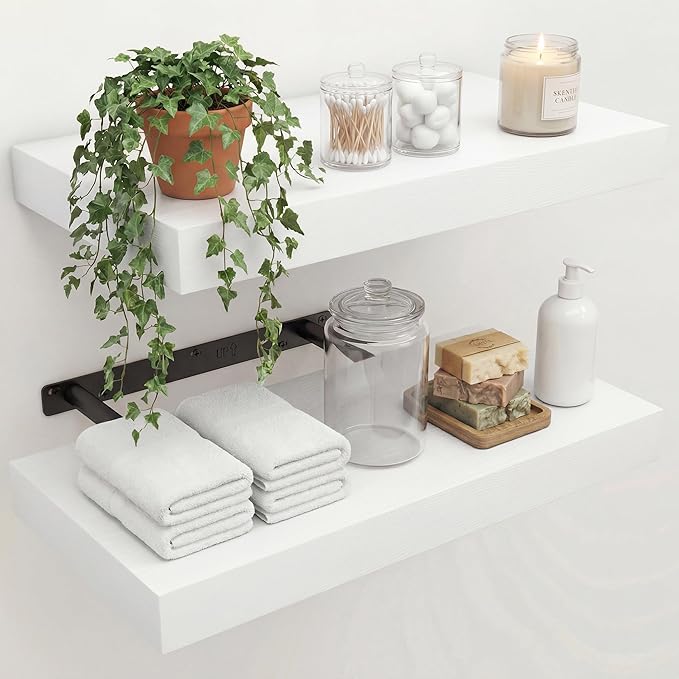 16 in Floating Shelves for Wall Decor Color White,Pack 2 | Modern floating shelves for living room,bedroom,kitchen and bath.Organize & display books,photos and decor.easy mount,sturdy.
