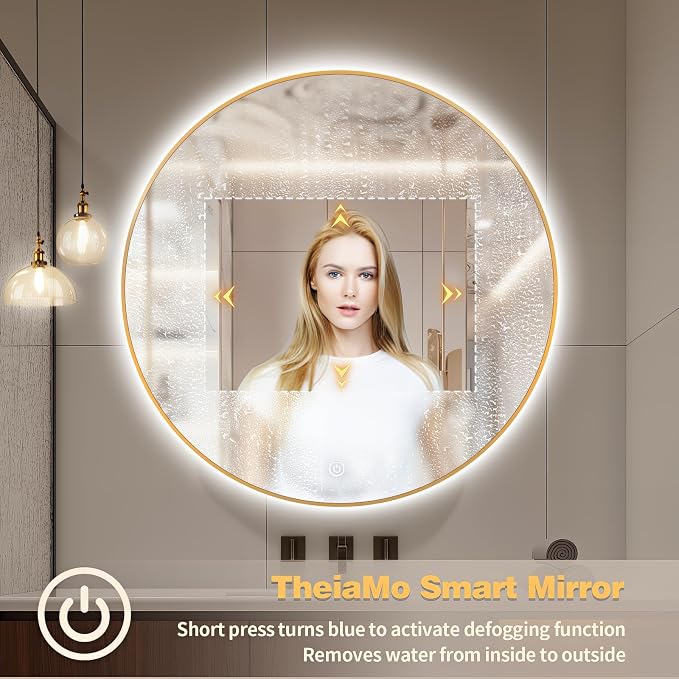 30" Round LED Bathroom Mirror, Wall Mounted Round Backlit Mirror LED Bathroom Vanity Mirror with Lights Fog Free Circle Lighted Mirror with Gold Frame, Smart Light up Mirror 3-Color