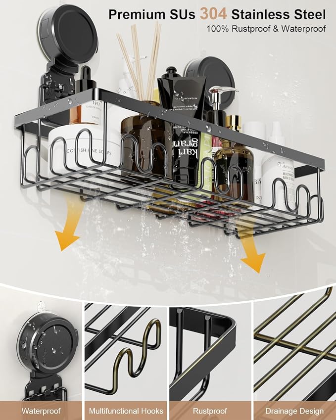 JOTPE Shower Caddy 5 Pack, No-Drill Suction Shower Organizer, Black | Strong suction shower caddy installs without drilling, Large storage keeps shampoo, soap and bath essentials organized