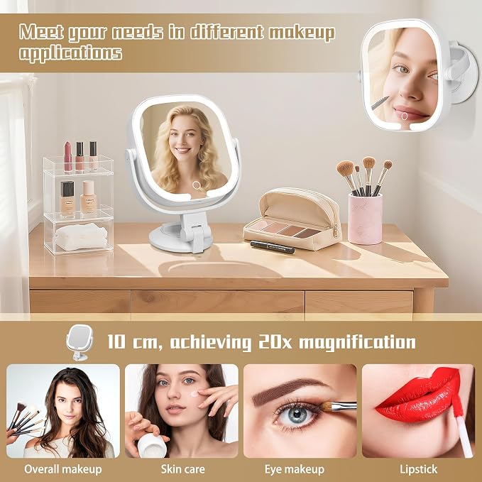 30X Magnifying Makeup Mirror with Light, Square Lighted Vanity Mirror with 3 Color Lighting Modes, Dual-Sided 1X/30X, Suction Cup Wall Mounted, Rechargeable, 360° Rotation, Portable
