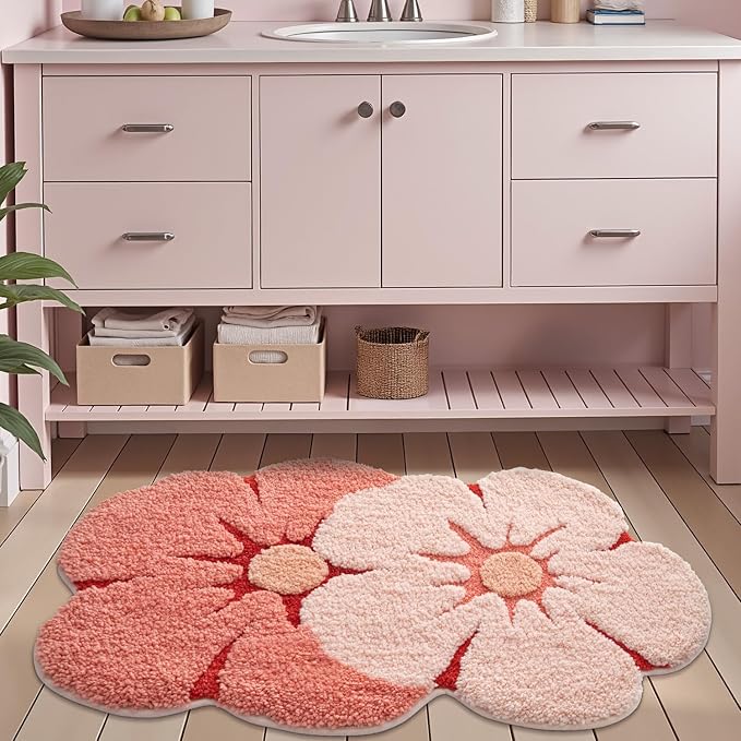 LUMI Flower Bathroom Rug, Absorbent Non Slip Bath Mat, 24"x36", Pink Flower | Funny Soft Plush Microfiber Rug, Quick Dry, Washable Cute Pink Bath Mats for Shower Floor, Sink Bathtub, Bedroom, Kids Room