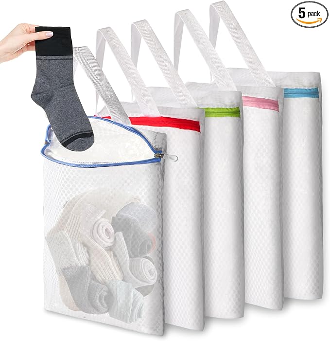 5-Pack Hanging Mesh Laundry Bags with S Metal Hooks, 10x12 Inch | Durable mesh, rustproof S hooks. 5 colors. For socks, delicates, toys, balls. Machine wash. Travel, dorms, sports.