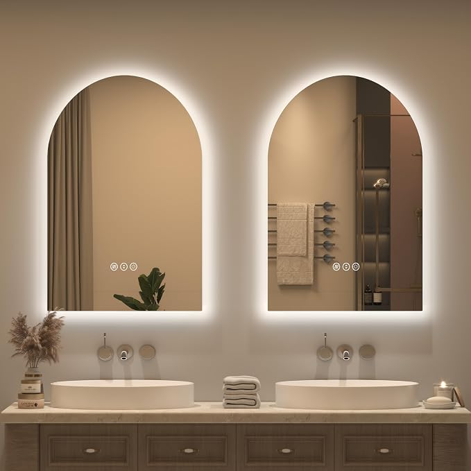 24x32 Inch Arched Backlit LED Bathroom Mirror | Dimmable Lighted Bathroom Vanity Mirror, Anti-Fog, 3 Colors, Memory, Shatter-Proof, ETL Listed