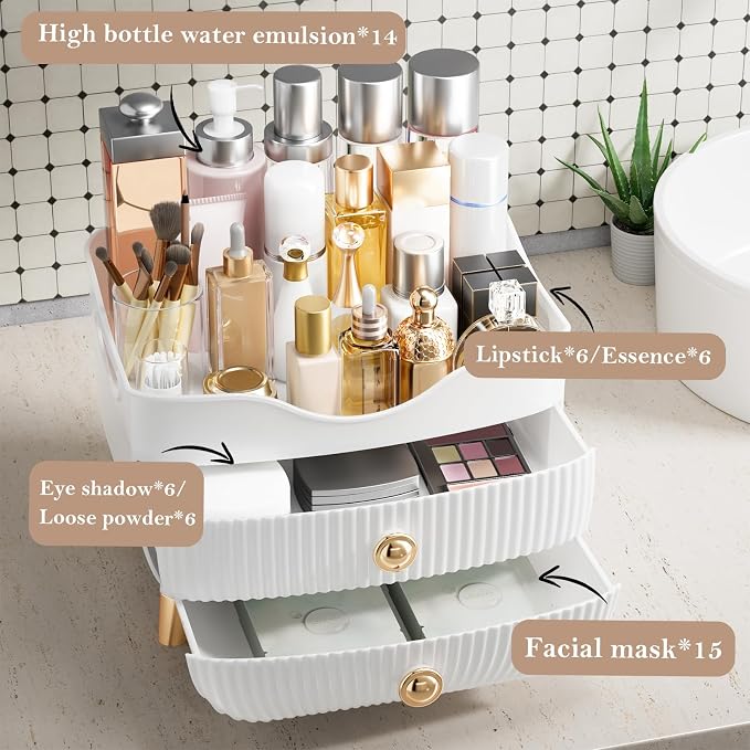 Makeup Organizer Countertop, Large Capacity Skincare Organizer for Vanity | Cosmetics Organizer with Drawes & Handle, Cosmetic Display Cases Storage Box for Dresser, Bathroom, Gifts for Women(White)