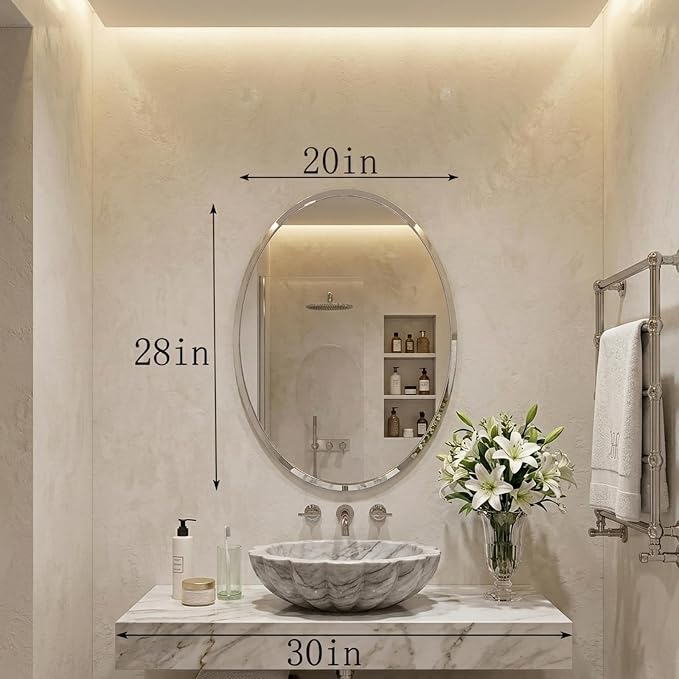 Frameless Oval Mirror, 20x28 Inch Beveled Bathroom Mirrors for Over Sink, Tempered Glass Oval Mirrors for Vanity, Living Room, Bedroom, Entryway