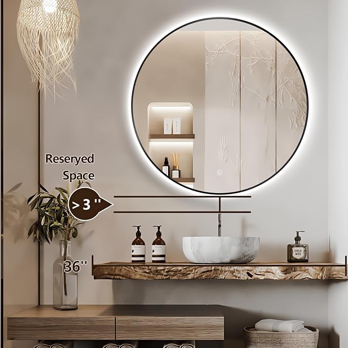 32" LED Backlit Bathroom Vanity Mirror, Wall Mounted Round Makeup Shaving Mirror with 45° Beveled Metal Frame Design, HD Waterproof&Explosion-Proof Smart Mirror, Memory Function, Black