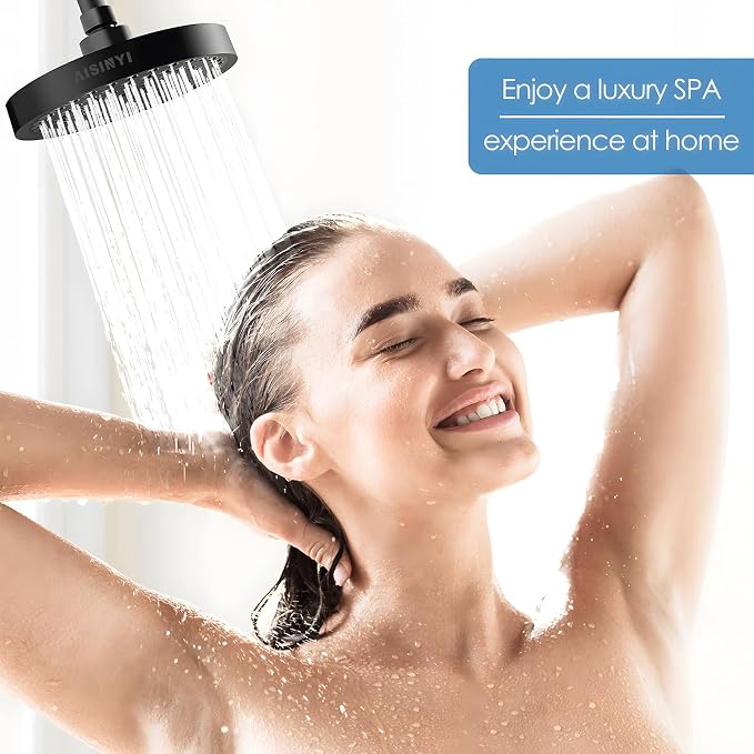 6" High Pressure Rain Shower Head, Luxury Matte Black Finish | 6 Inch Fixed Bathroom Showerhead, Adjustable Replacement, 90 Anti-Clog Nozzles, Removable Restrictor, Tool-Free Easy Install