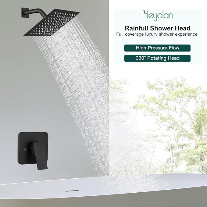 Heyalan 8 Inch Square Rain Shower Faucet Set with Valve, Matte Black