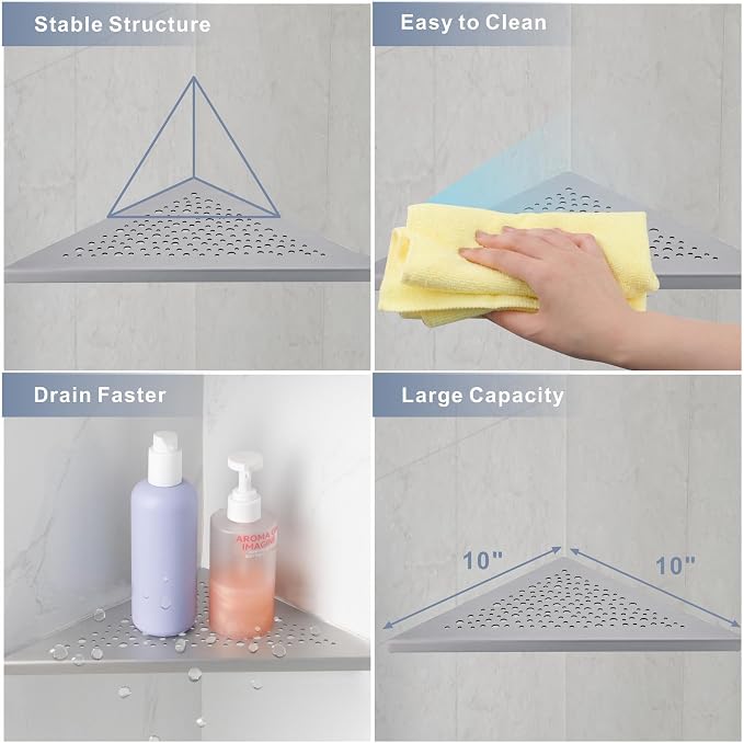 HIDROP Brushed Nickel 10" Corner Shower Shelves for Tiled Walls, 2 Pack | Bathroom Triangle Shelves, 304 Stainless Steel Bathroom Corner Shelf, Fast Drainage, Embed into Tile Gap, Tile Shower Shelves
