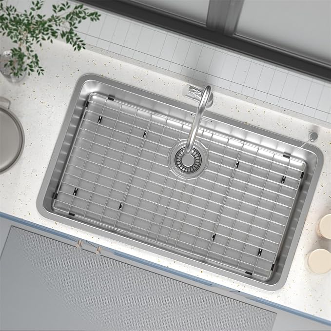 SANNO Kitchen Sink Protectors - Stainless Steel Sink Grid with Rear Drain Hole, Sink Rack 27.6" L x 14.6" W