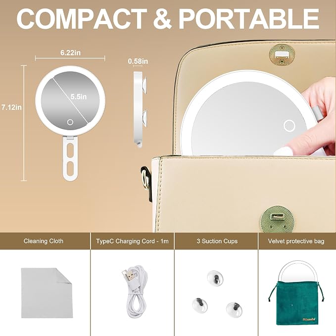 Mocado 30x Magnifying Mirror with Light, 6" Magnifying Mirror Suction Cup | 3 Colors Light, Dimmable Touch, 0-100% Brightness Adjustable, Stable Stand, 2000mAh Rechargeable, Handheld Mirror,(White)