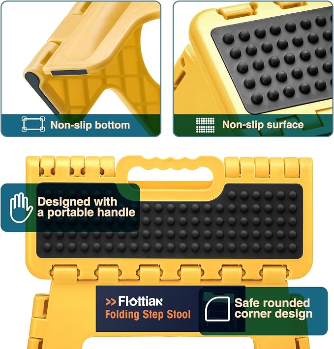 Flottian 13" Folding Step Stool for Adults and Kids Holds Up to 300 lbs,Non-Slip Folding Stools with Handle, Compact Plastic Foldable Step Stool for Bathroom,Bedroom, Kitchen,Bright Yellow,1PC