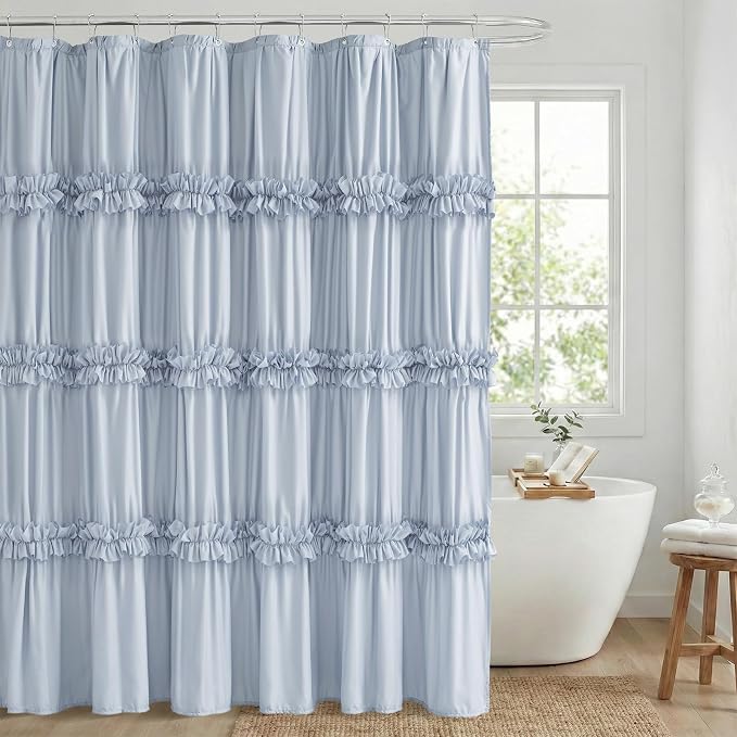 LIPA Boho Shower Curtain Rustic Ruffle Shower Curtain with Ruched & Bow Vintage Farmhouse Shower Curtains for Bathroom Bohemian Bathroom Decor(Fog Blue,72x78 Inches)