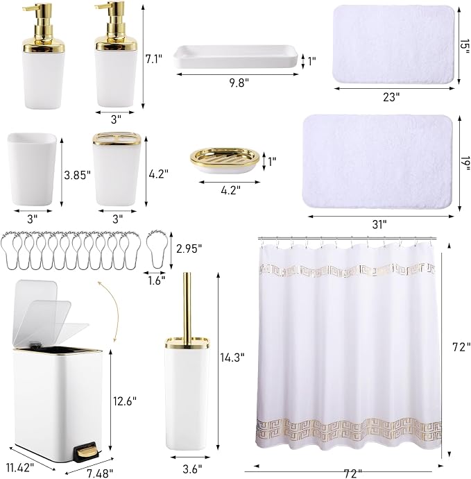 XLHOMO 11PCS Bathroom Sets with Shower Curtain and Rugs Bathroom Accessories Set White Bathroom Set,Soap Dispenser & Toilet Brush Holder Set with Stainless Steel Trash Can