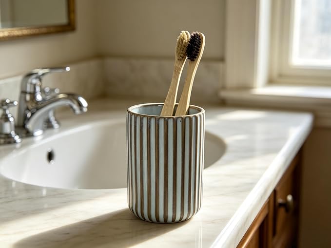Stoneware Toothbrush Holder for Bathroom Tooth Brush Holder for Bathroom Toothbrush Cup Toothbrush Holders Cute Fluted Vertical Ribbed Stripe (Retro White)
