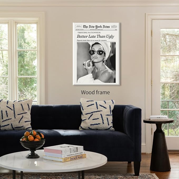 Black and White Newspaper Canvas Poster Better Late Than Ugly Quotes Wall Art 08x10 inch Framed Fashion Feminist Aesthetic Prints Bar Cart Wall Decor for Girls Bathroom
