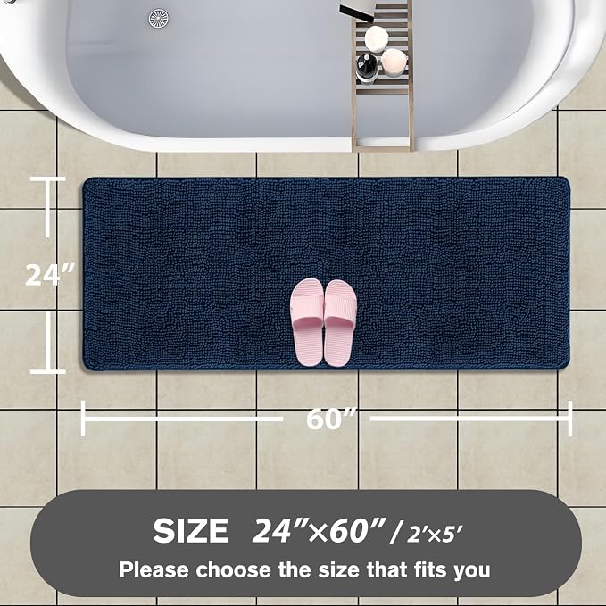 Bathroom Runner Rug 24 x 60 Inch – Extra Large Long Bath Mat | Absorbent and Washable Thick Chenille Bath Rug Non-Slip Runner Rug for Bathroom, Shower, Sink(Navy Blue)
