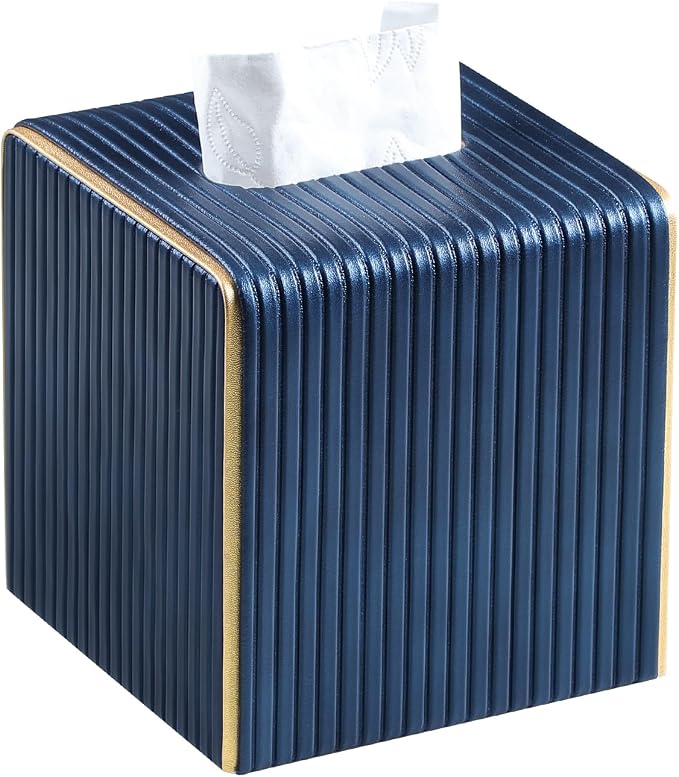 Square Tissue Box Cover, PU Leather Tissue Box Holder Navy Blue | Non Slip Base, with Magnetic Closure, Cube Tissue Cover for Living Room Bathroom Vanity Nightstand Bedroom