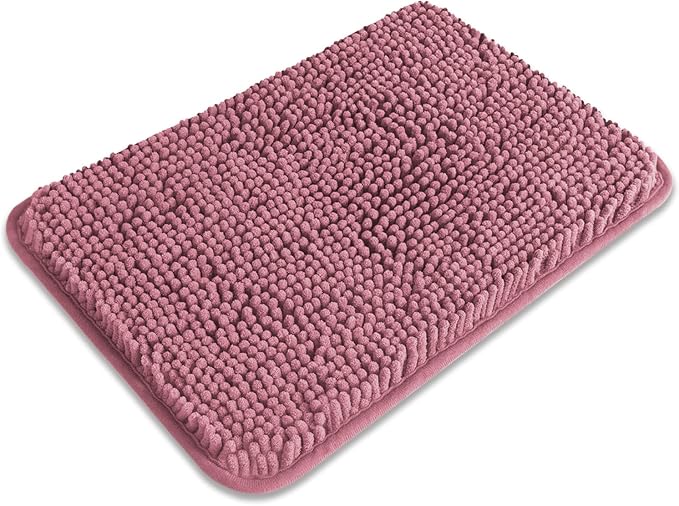 Small Bathroom Rug 12"x18" – Washable and Absorbent Bath Mat, Non Slip, Thick Soft Chenille Bath Rugs for Bathroom, Shower, Sink, Dog mat(Dusty Rose)