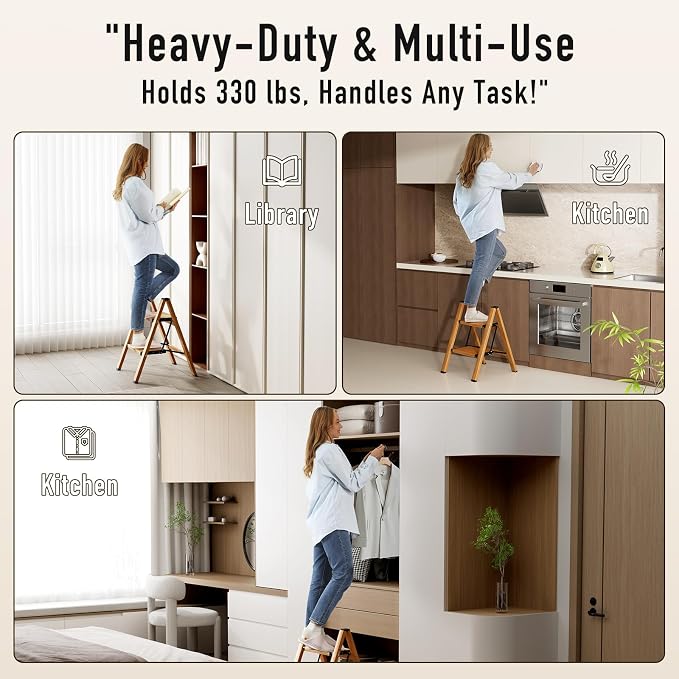 Mayi Plus 2 Step Stool Foldable, Aluminum, Lightweight Step Ladder | Extra-wide anti-slip folding steps with 330 lbs, for home,kitchen,office,outdoor,Woodgrain