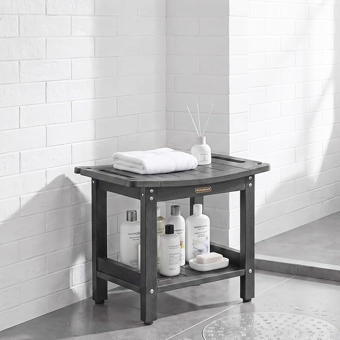 Shower Bench Seat for Inside Shower Waterproof Bath Stool for Shaving Legs | Heavy Duty HDPS Bathroom Bench with Storage Shelf & Adjustable Feet, Anti-Rotting, Save Space, No-Maintenance, Dark Gray