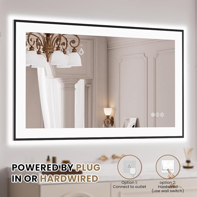 LOAAO 40"X30" LED Bathroom Mirror Black Framed | Anti-Fog, Dimmable, Memory Function, Tempered Glass, Lighted Vanity Mirror for Wall