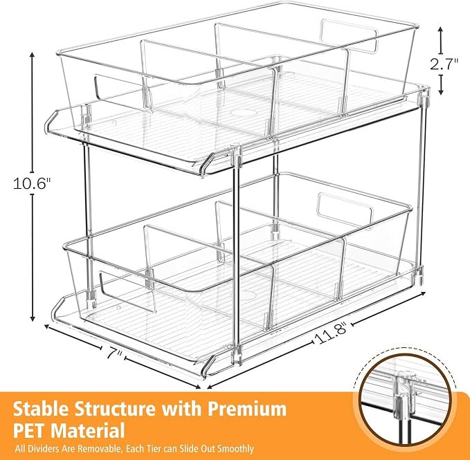 Bathroom Under Sink Organizers and Storage, 2 Tier, 2 Packs | Clear Vanity Countertop Pull-out Cabinet Organizer, Stackable Multi-Purpose Kitchen Pantry Organization with Dividers